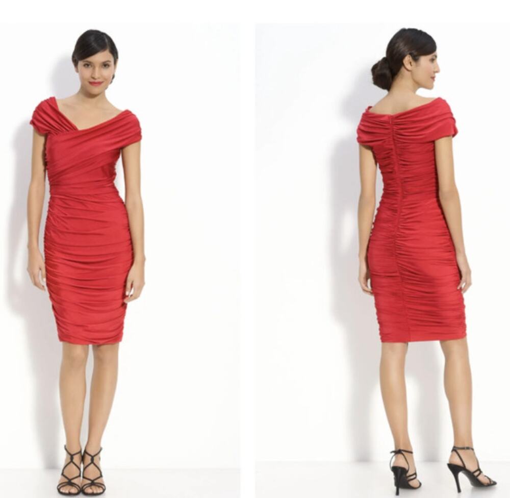 Tadashi Shoji Ruched Sheath Dress Red L Bodycon Sheath Holiday Christmas NYE